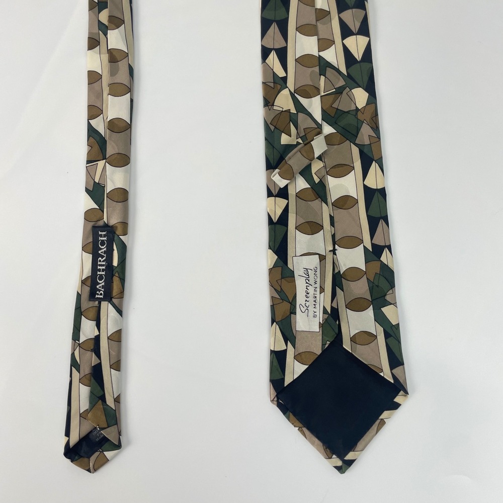 Vintage 90s Silk Tie Abstract Bachrach Screenplay by Martin Wong Geometric Olive - Picture 6 of 12